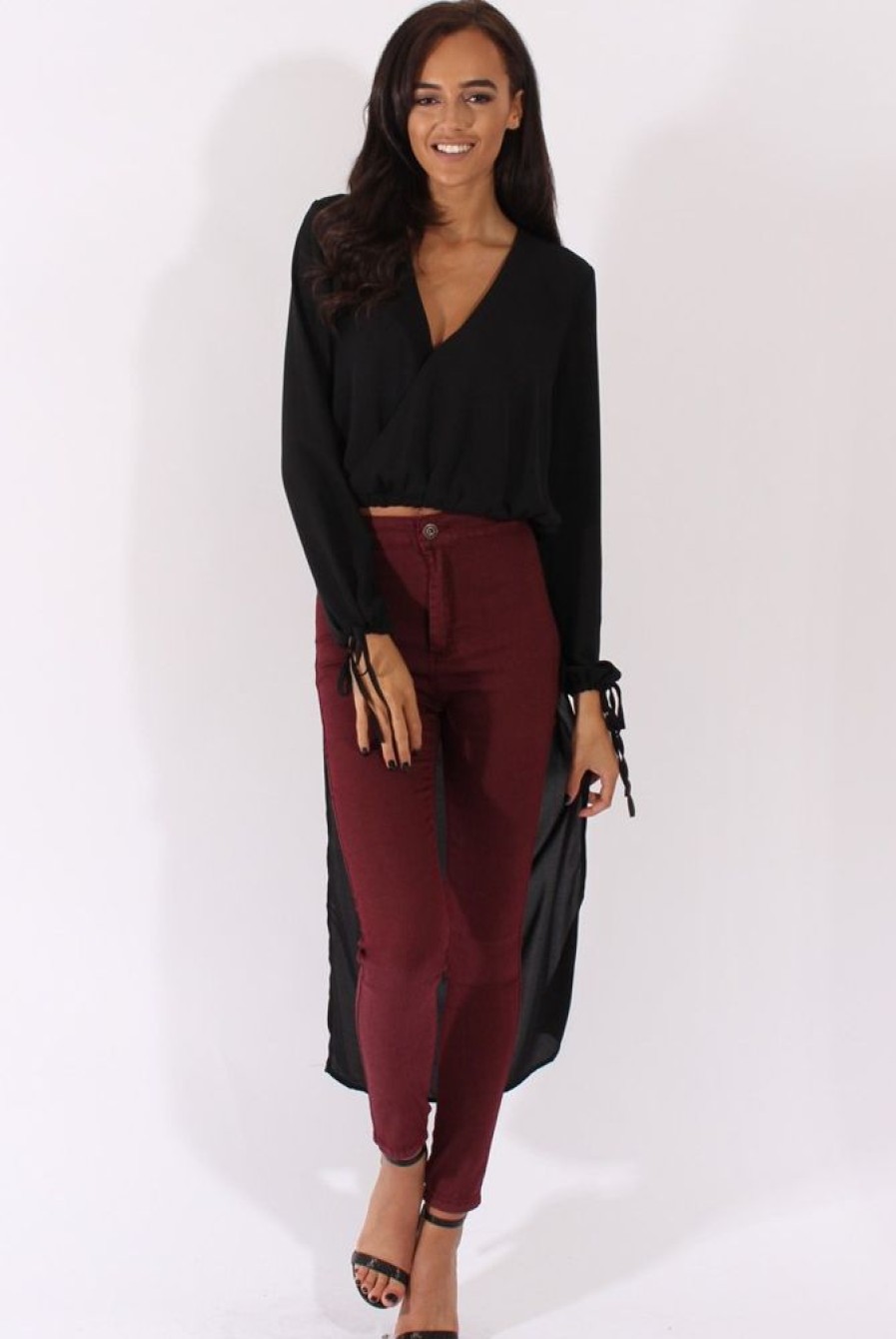 Clothing Rebellious Fashion | Black Wrap Front Dip Hem Shirt - Kamlyn