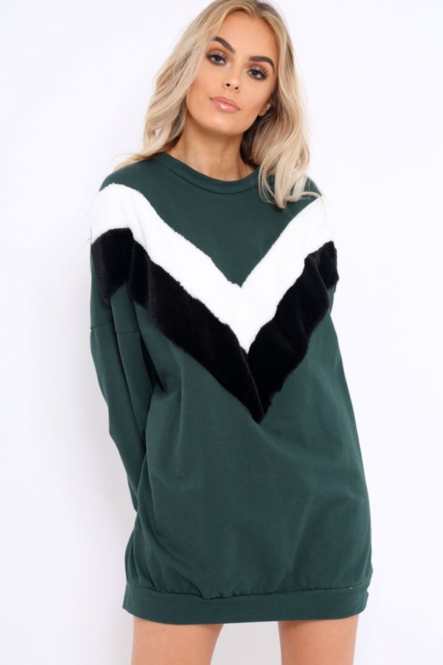 Clothing Rebellious Fashion | Green With White And Black Chevron Fur Jumper Dress- Lula