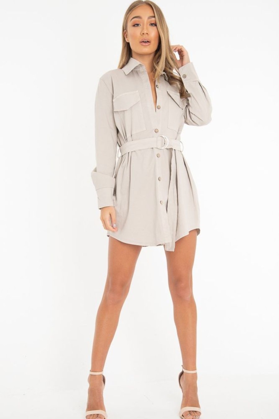 Clothing Rebellious Fashion | Beige Button Up Belted Utility Dress - Abia