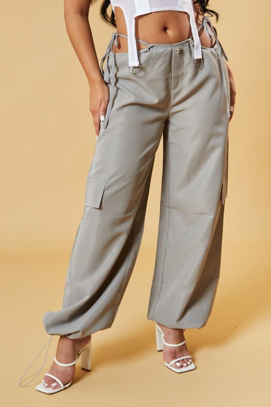 Clothing Rebellious Fashion | Mocha Tie Waist Toggle Detail Parachute Cargo Trousers - Eva