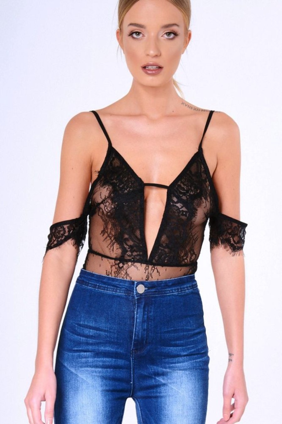 Clothing Rebellious Fashion | Black Lace Strappy Bardot Strap Bodysuit - Reanne