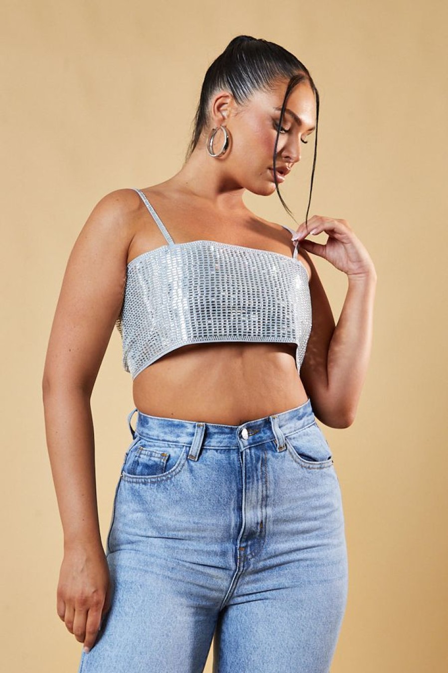 Clothing Rebellious Fashion | Silver Diamante Detail Cropped Top - Grace