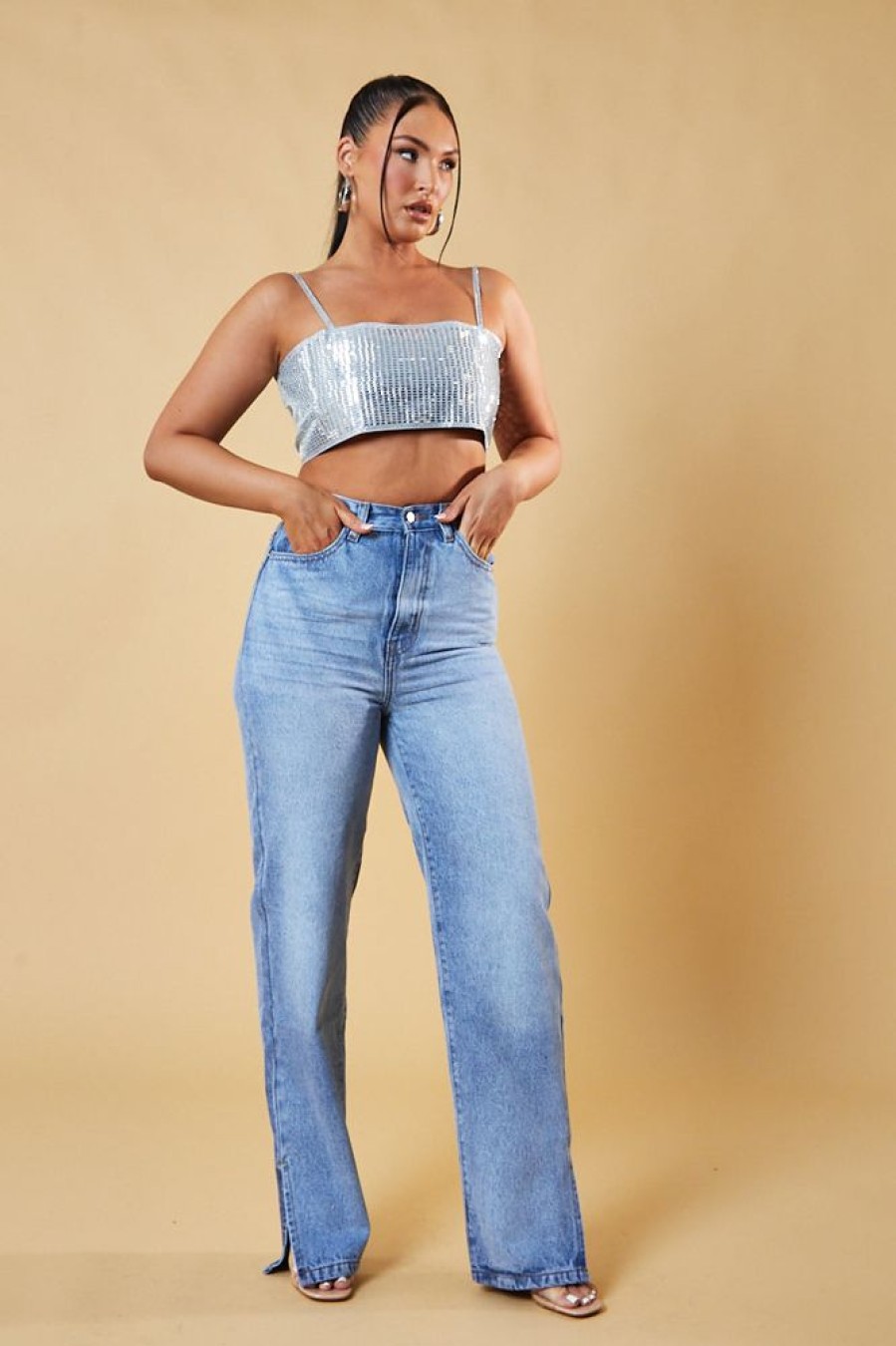 Clothing Rebellious Fashion | Silver Diamante Detail Cropped Top - Grace