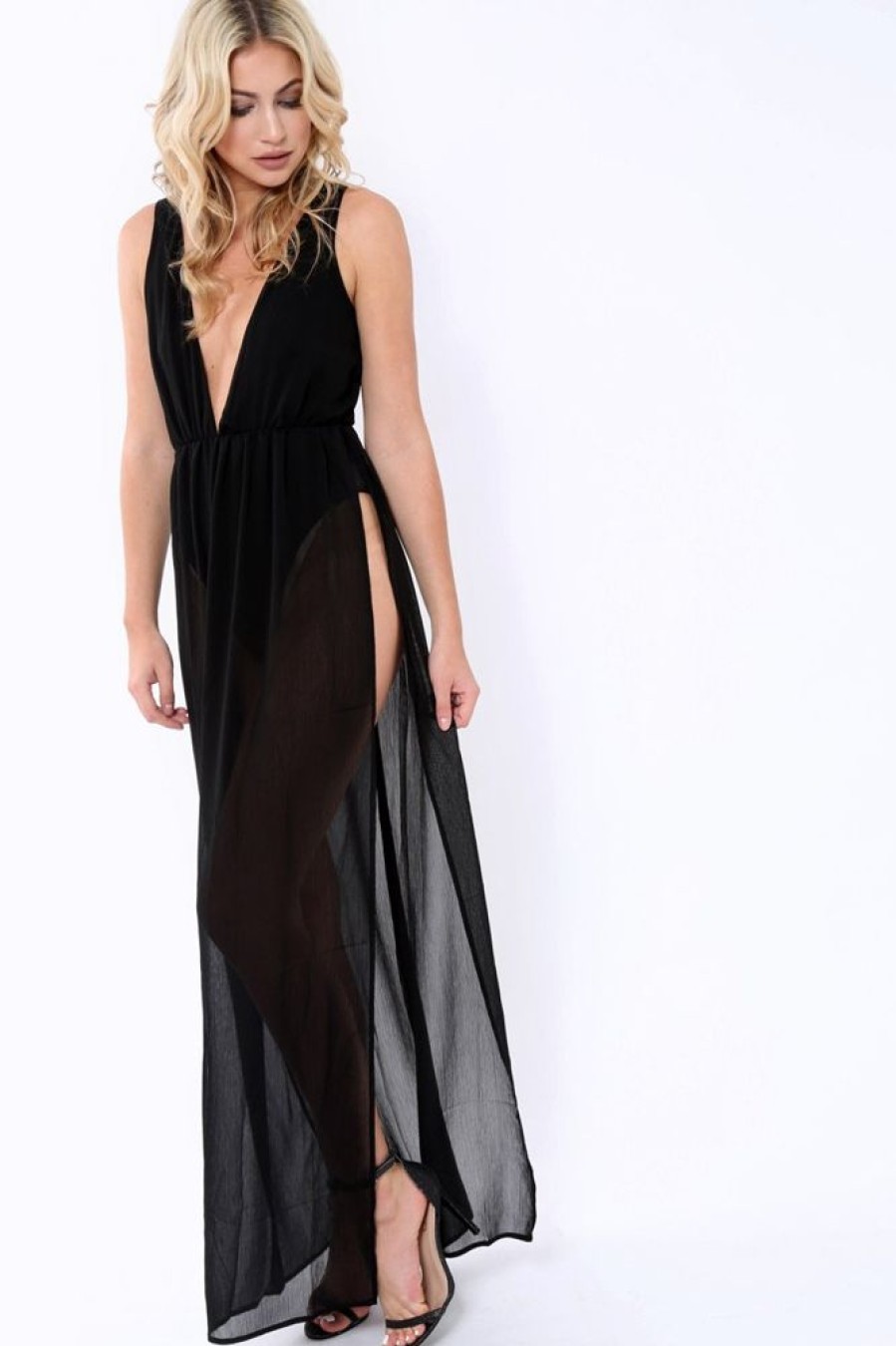 Clothing Rebellious Fashion | Black Chiffon Maxi Dress With Bodysuit - Macie