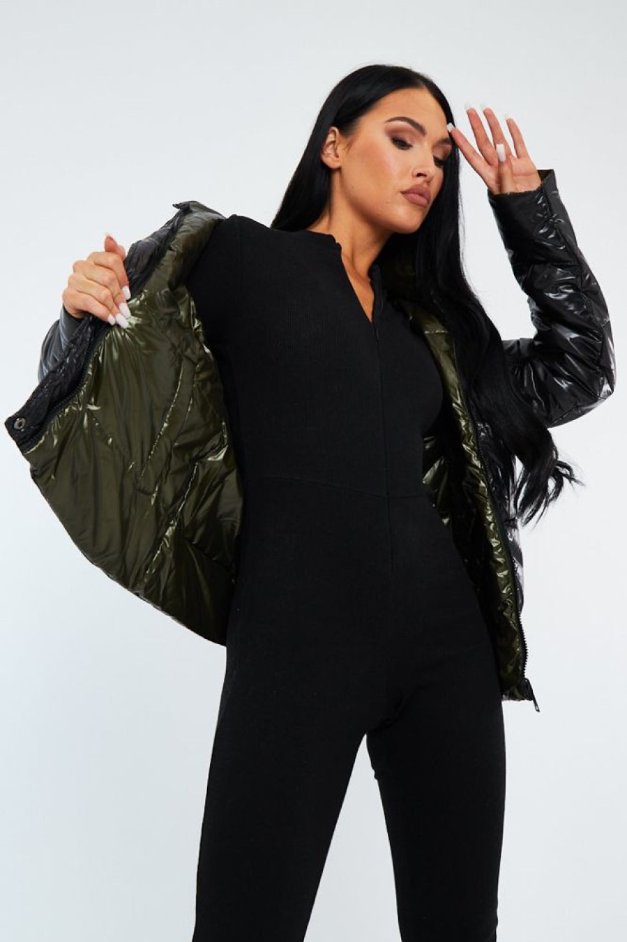 Clothing Rebellious Fashion | Black Khaki Wet Look Reversible Fur Hood Puffer Jacket - Zadie