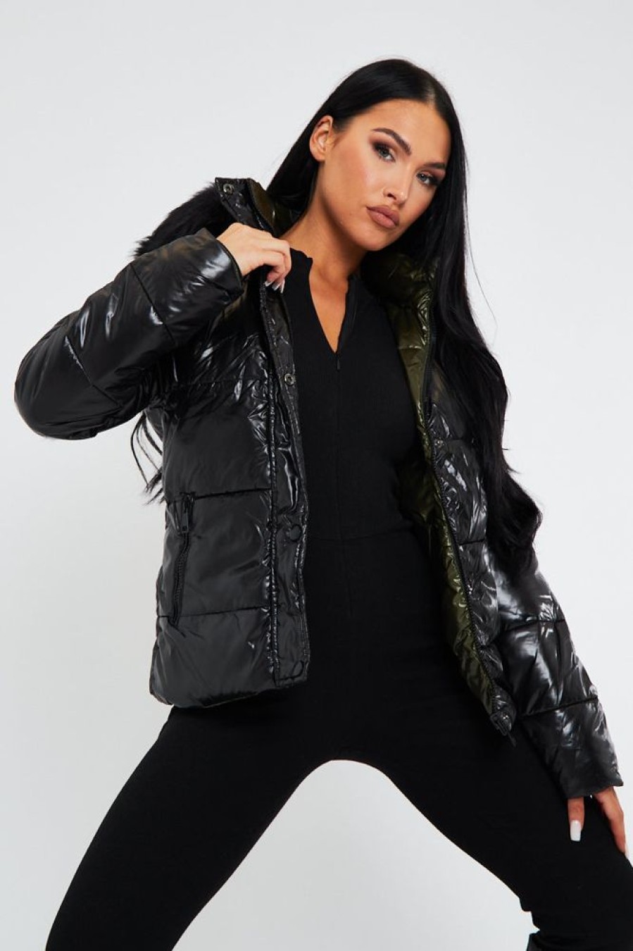 Clothing Rebellious Fashion | Black Khaki Wet Look Reversible Fur Hood Puffer Jacket - Zadie