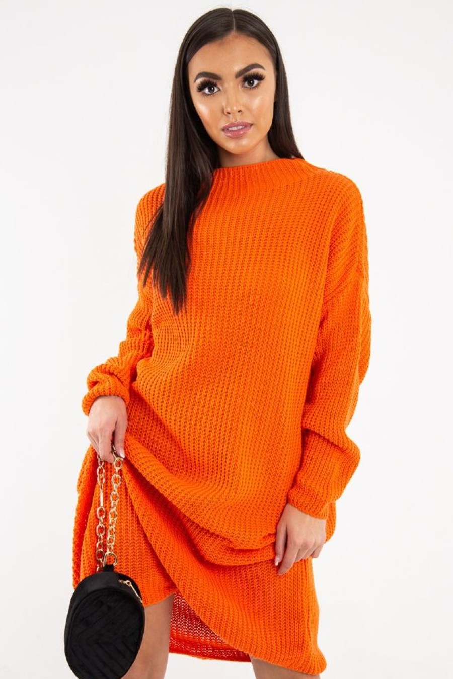 Clothing Rebellious Fashion | Orange Chunky Knit Slash Neck Jumper Dress - Hessie