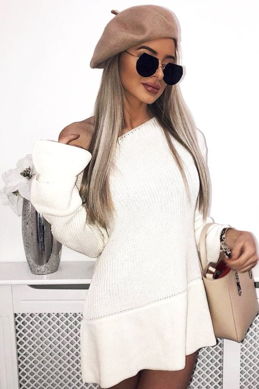 Clothing Rebellious Fashion | Cream Bell Sleeve Extreme Hem Chunky Knit Jumper Dress - Paige