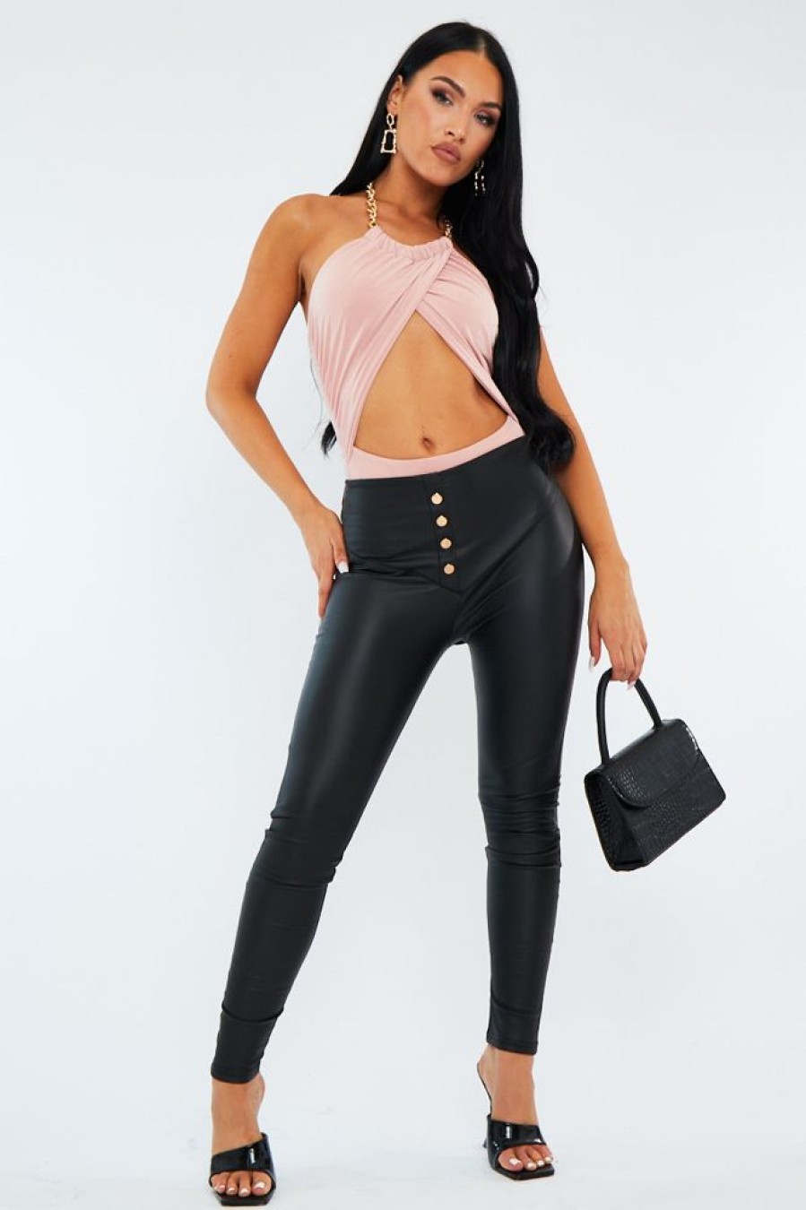 Clothing Rebellious Fashion | Black Pu Leather Faux Button Front Leggings - Ambra