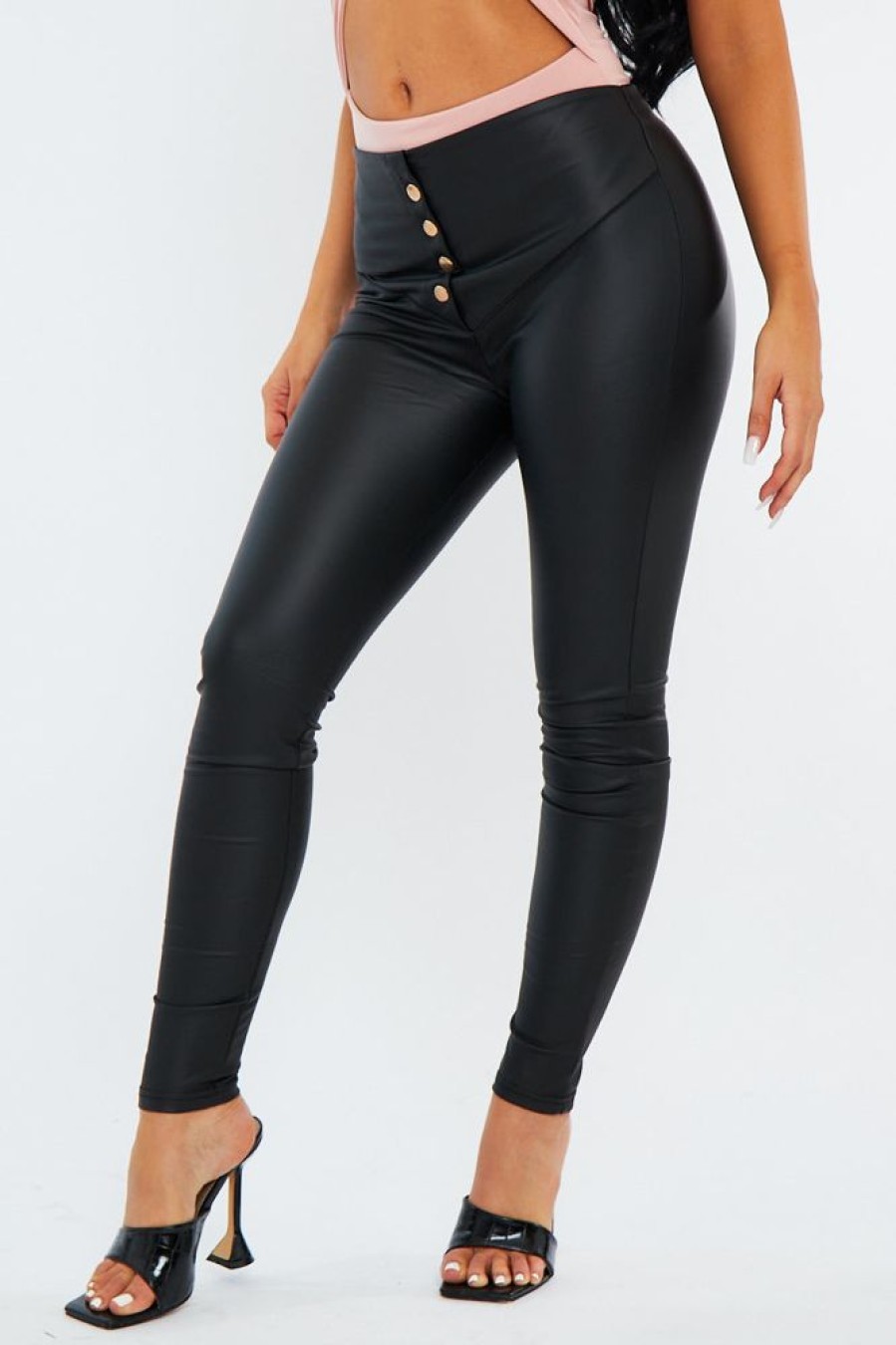 Clothing Rebellious Fashion | Black Pu Leather Faux Button Front Leggings - Ambra