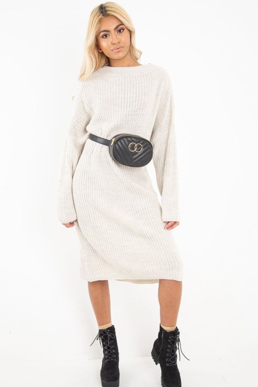 Clothing Rebellious Fashion | Cream Chunky Knit Slash Neck Jumper Dress - Hessie