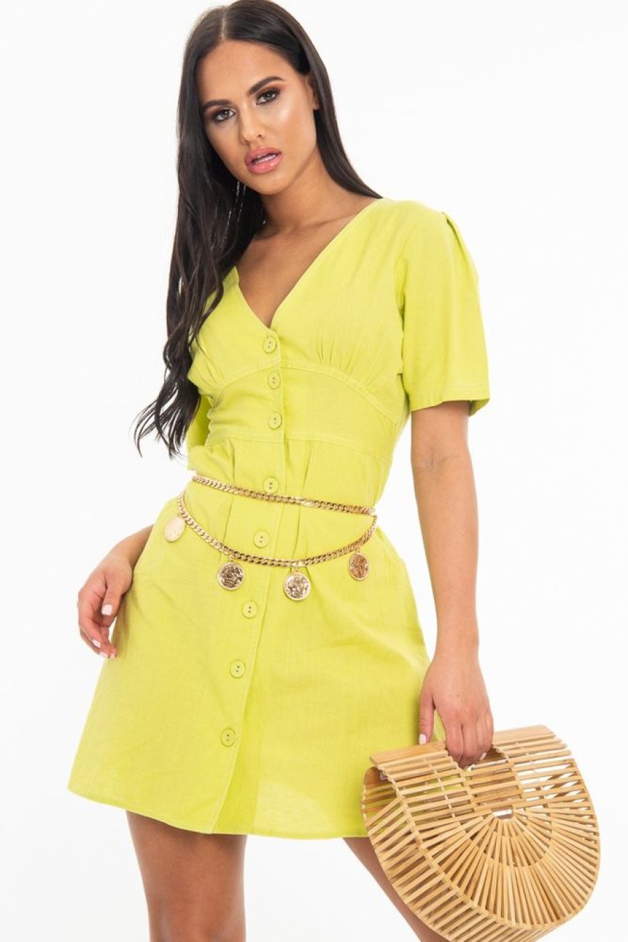 Clothing Rebellious Fashion | Lime Woven Plunge Button Front Mini Dress - Alyx