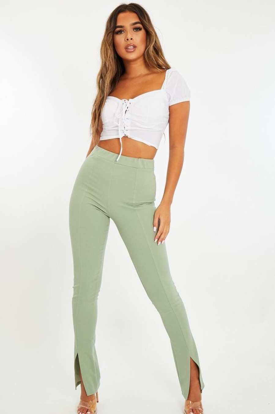 Clothing Rebellious Fashion | Sage Split Front Flared Trousers - Florie