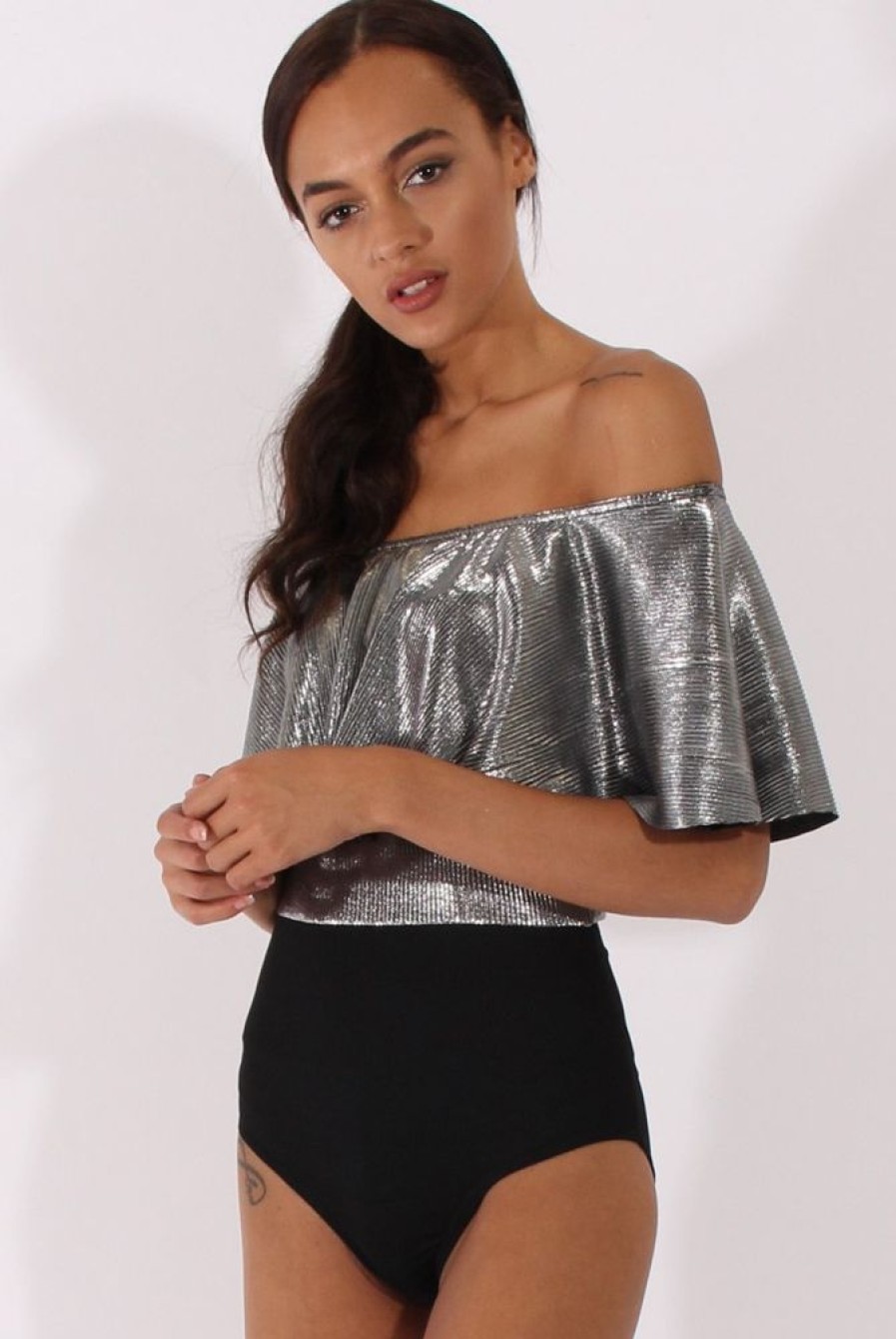 Clothing Rebellious Fashion | Silver Metallic Pleated Bardot Bodysuit - Aubree