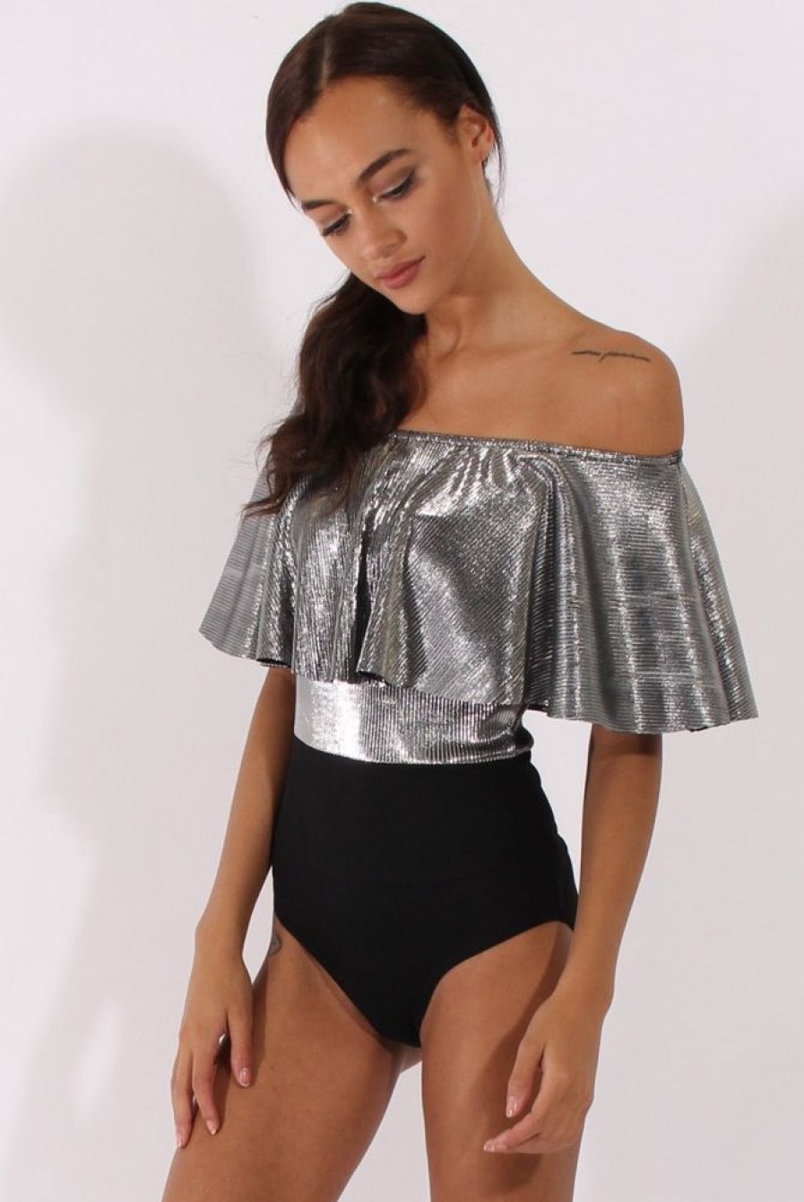 Clothing Rebellious Fashion | Silver Metallic Pleated Bardot Bodysuit - Aubree