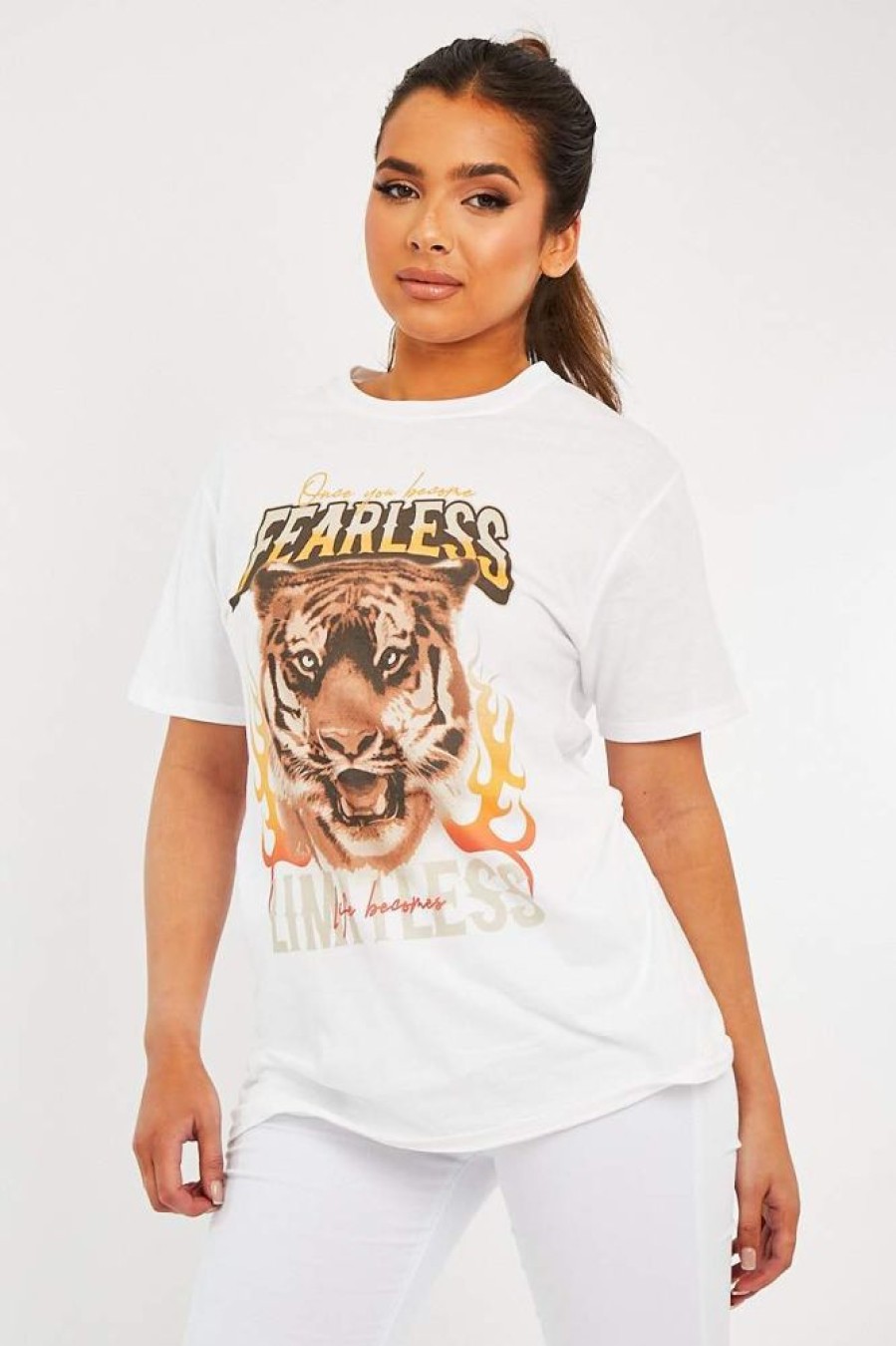 Clothing Rebellious Fashion | White Fearless Tiger Printed T-Shirt - Makari