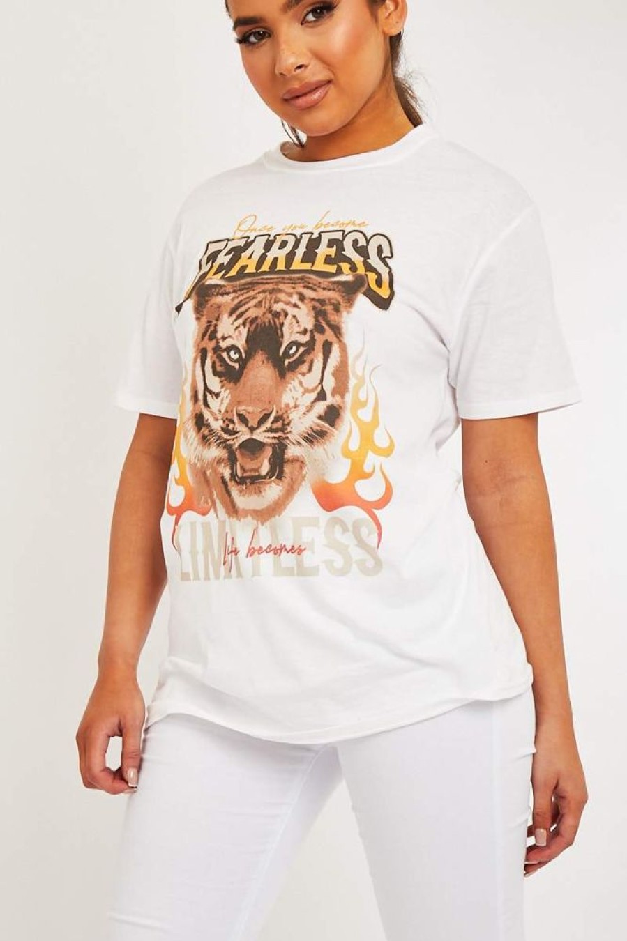 Clothing Rebellious Fashion | White Fearless Tiger Printed T-Shirt - Makari