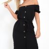 Clothing Rebellious Fashion | Black Bardot Puff Sleeve Button Midi Dress - Jacinta