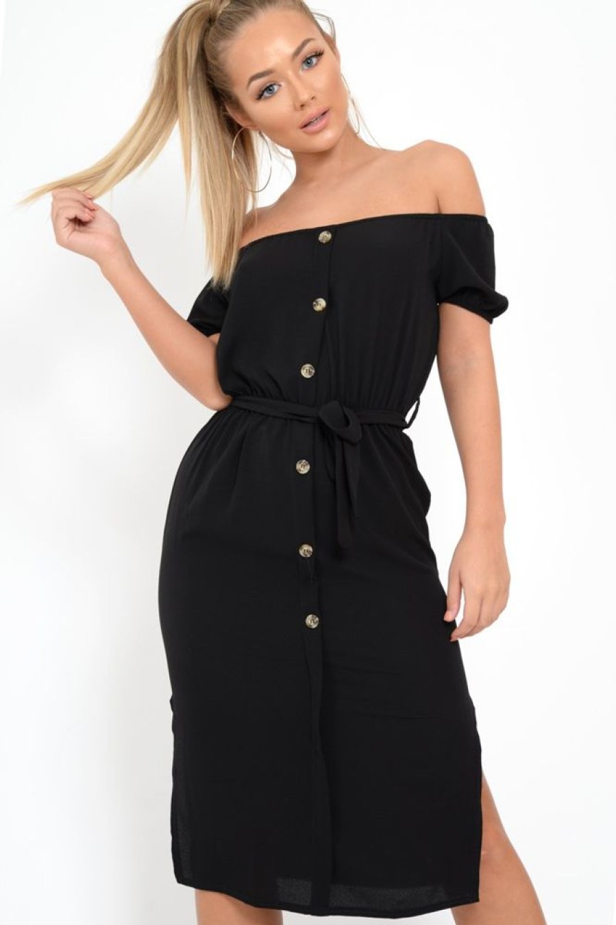 Clothing Rebellious Fashion | Black Bardot Puff Sleeve Button Midi Dress - Jacinta