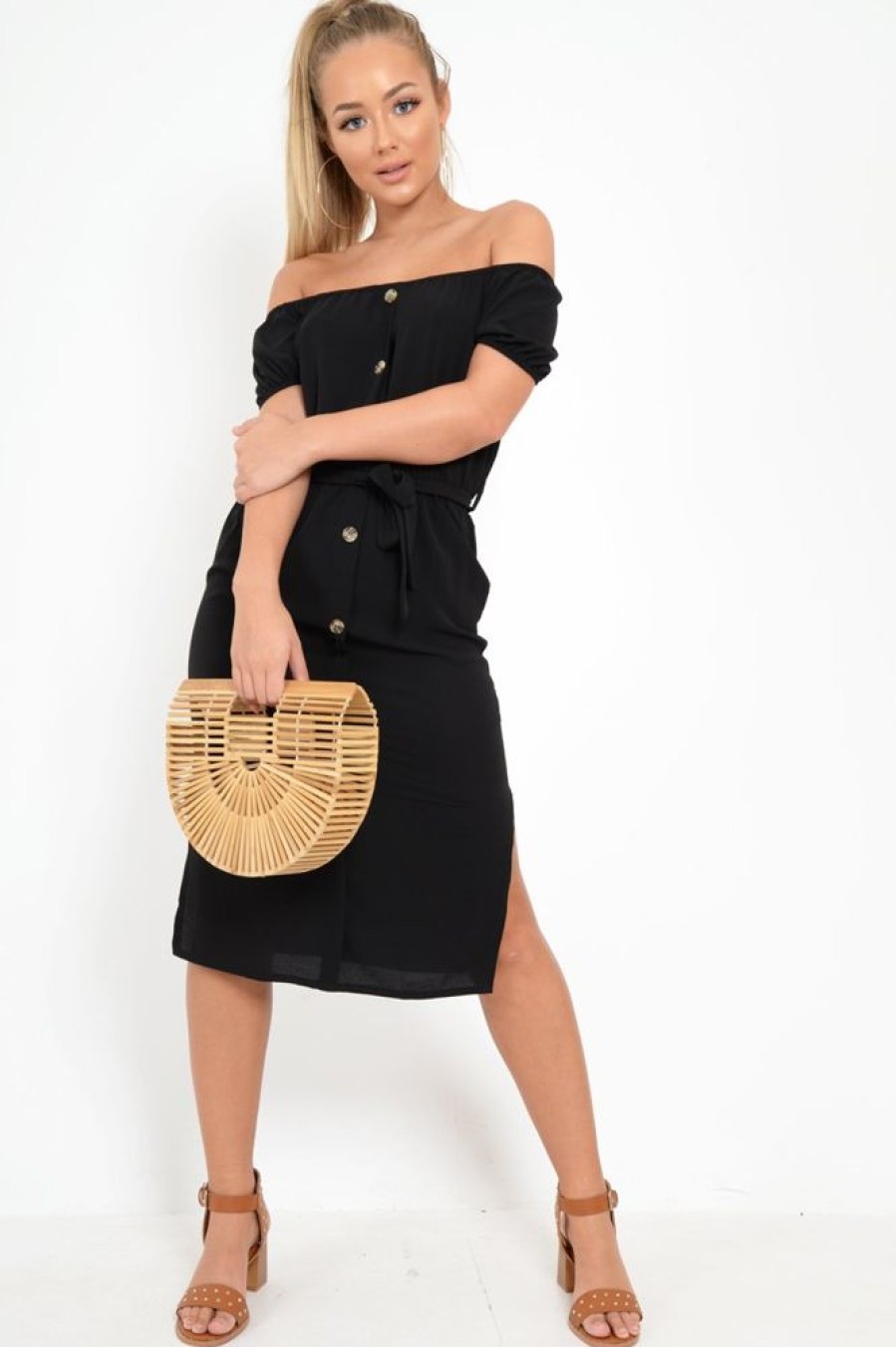 Clothing Rebellious Fashion | Black Bardot Puff Sleeve Button Midi Dress - Jacinta