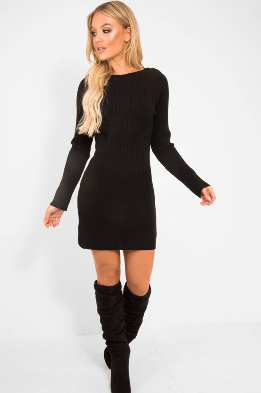 Clothing Rebellious Fashion | Black Slash Neck Jumper Dress - Jeslyn