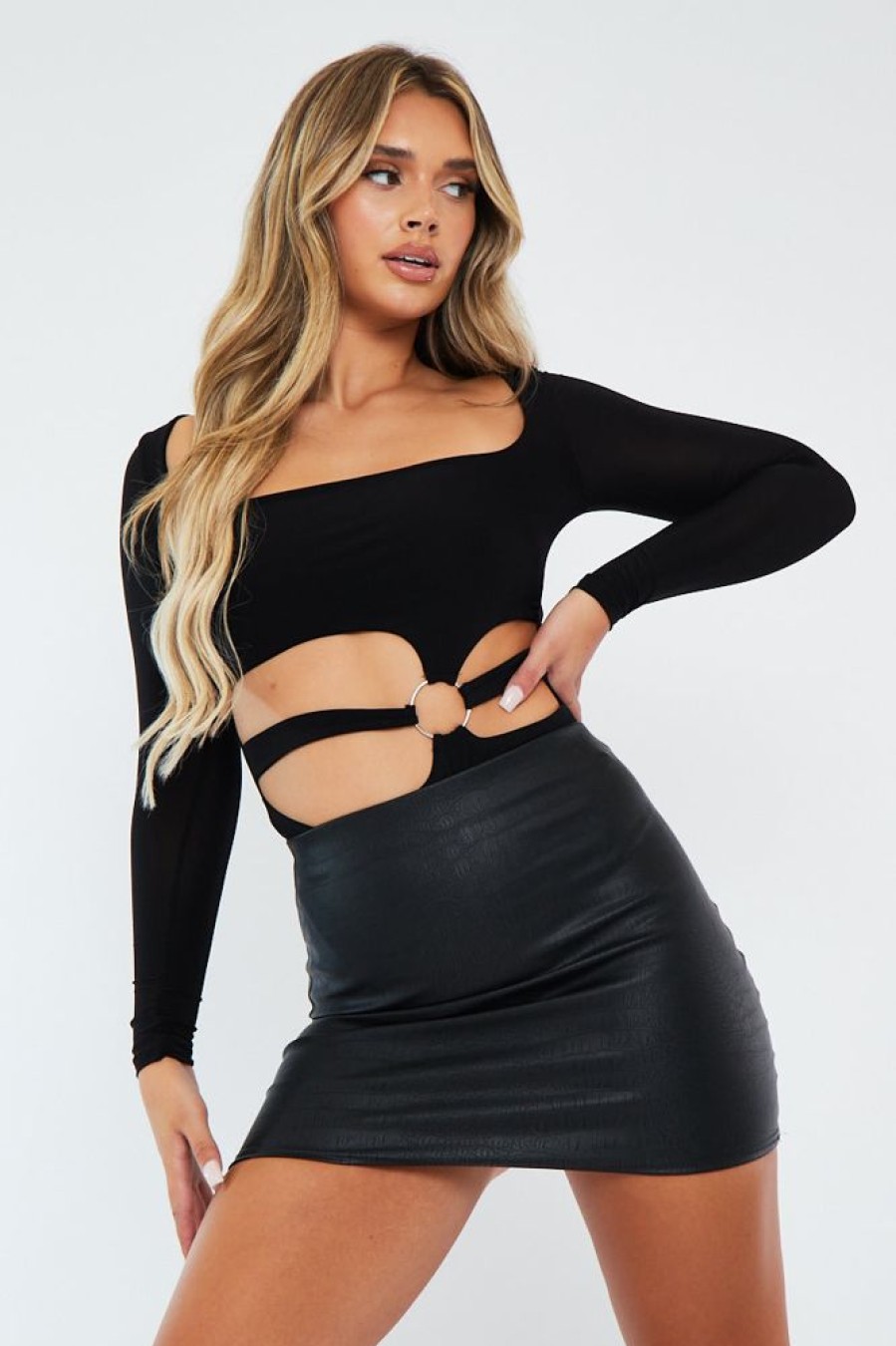 Clothing Rebellious Fashion | Black Croc Pu Leather Mini Skirt - Shane