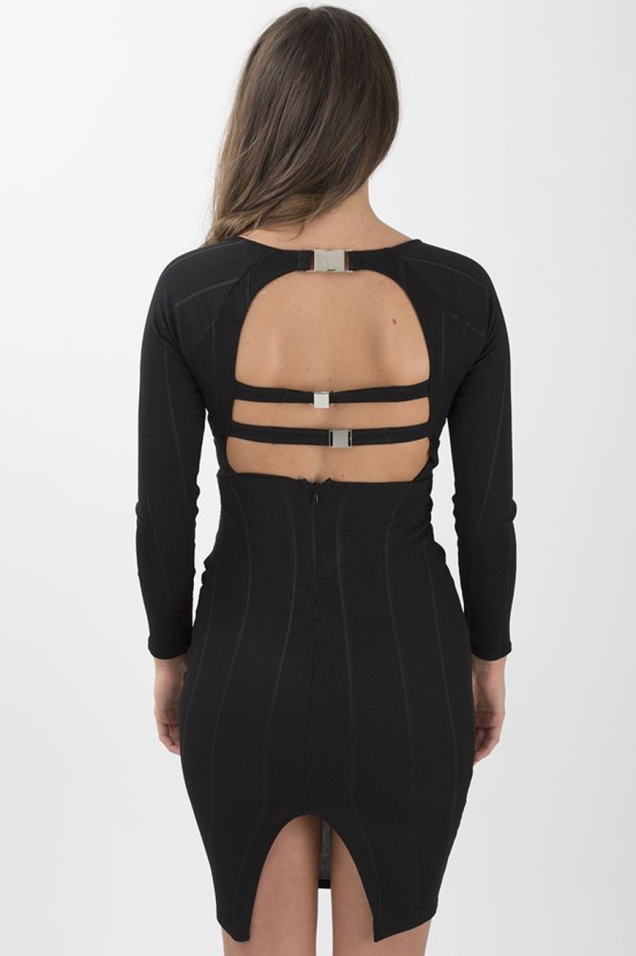 Clothing Rebellious Fashion | Black Bandage Bodycon Buckle Detail Midi Dress - Ella