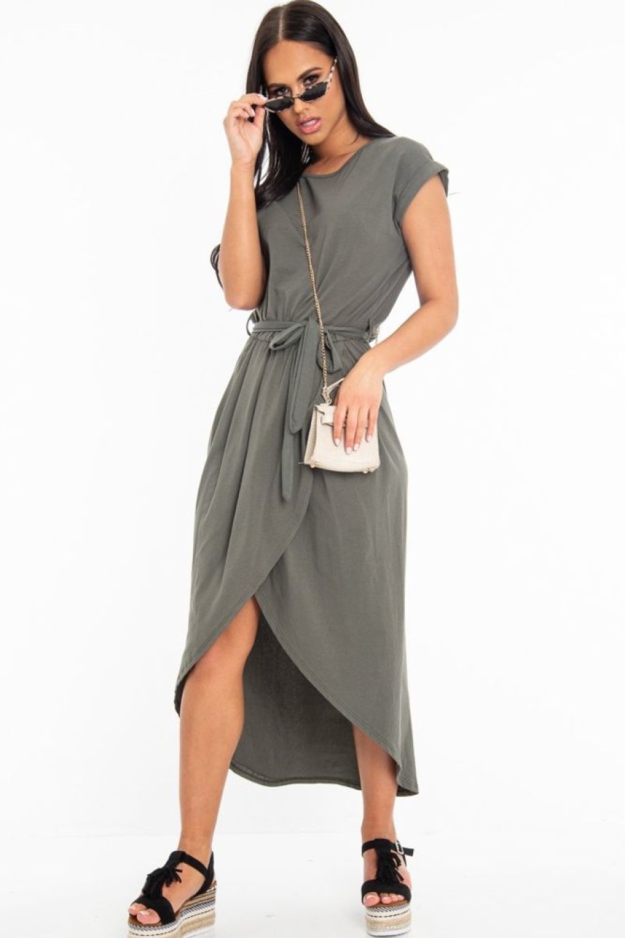 Clothing Rebellious Fashion | Khaki Scoop Neck Belted Wrap Maxi Dress - Allie