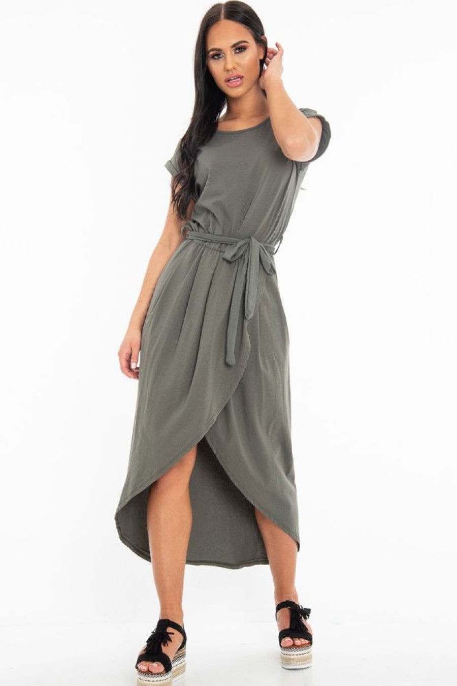 Clothing Rebellious Fashion | Khaki Scoop Neck Belted Wrap Maxi Dress - Allie