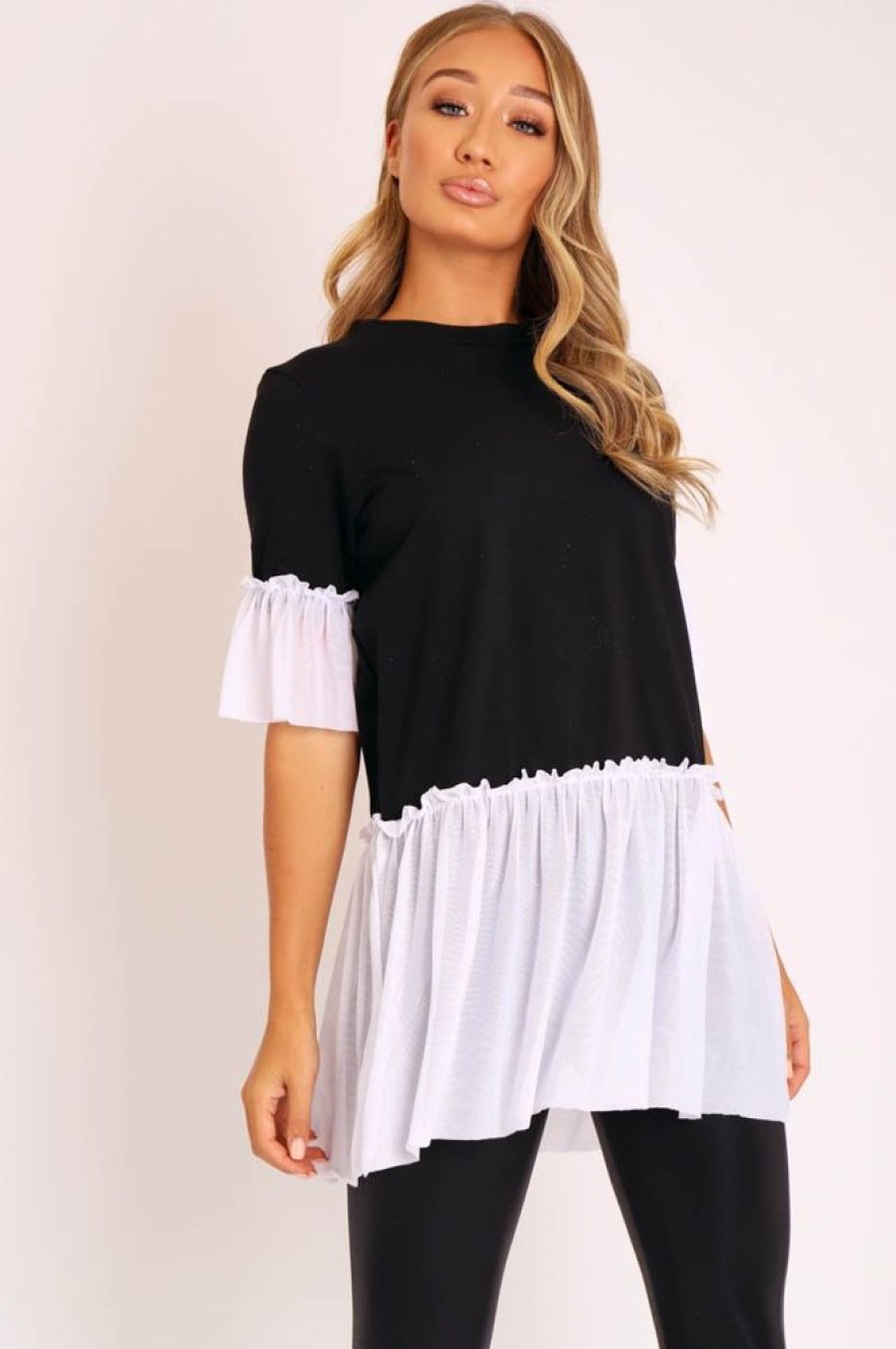 Clothing Rebellious Fashion | Black White Tulle Ruffle Hem T-Shirt Dress - Zula