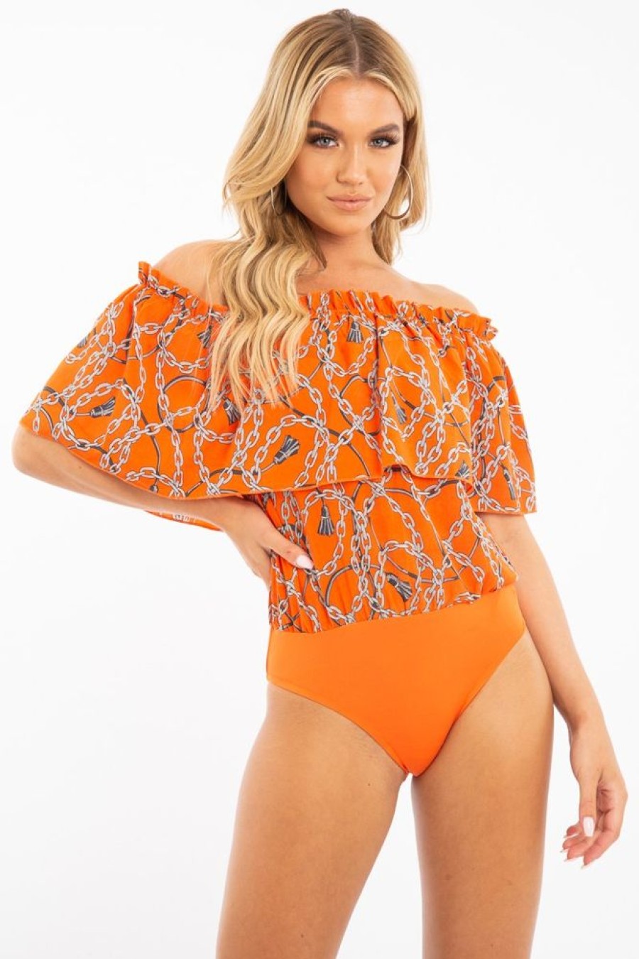 Clothing Rebellious Fashion | Orange Chain Print Bardot Bodysuit - Peeta