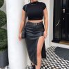 Clothing Rebellious Fashion | Black Faux Leather Thigh Slit Midi Skirt - Jaden