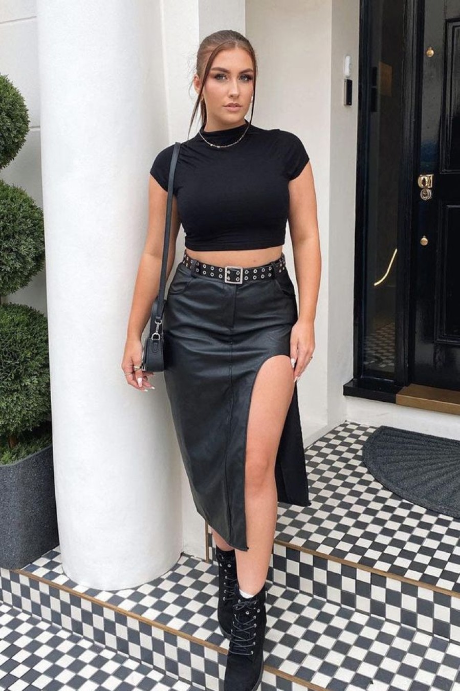 Clothing Rebellious Fashion | Black Faux Leather Thigh Slit Midi Skirt - Jaden