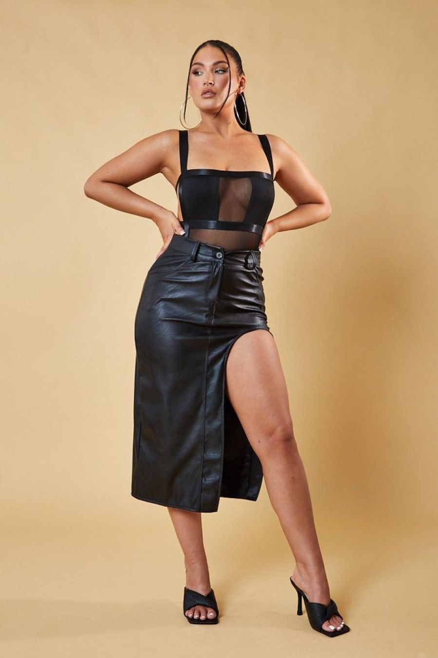 Clothing Rebellious Fashion | Black Faux Leather Thigh Slit Midi Skirt - Jaden