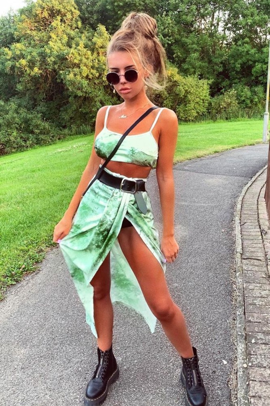 Clothing Rebellious Fashion | Green Tie Dye Midi Skirt And Crop Top Co-Ord - Lisa