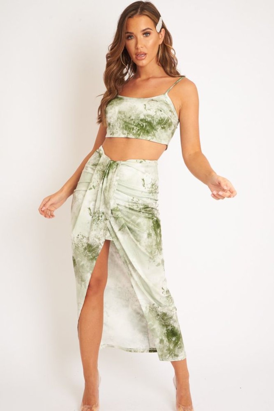 Clothing Rebellious Fashion | Green Tie Dye Midi Skirt And Crop Top Co-Ord - Lisa