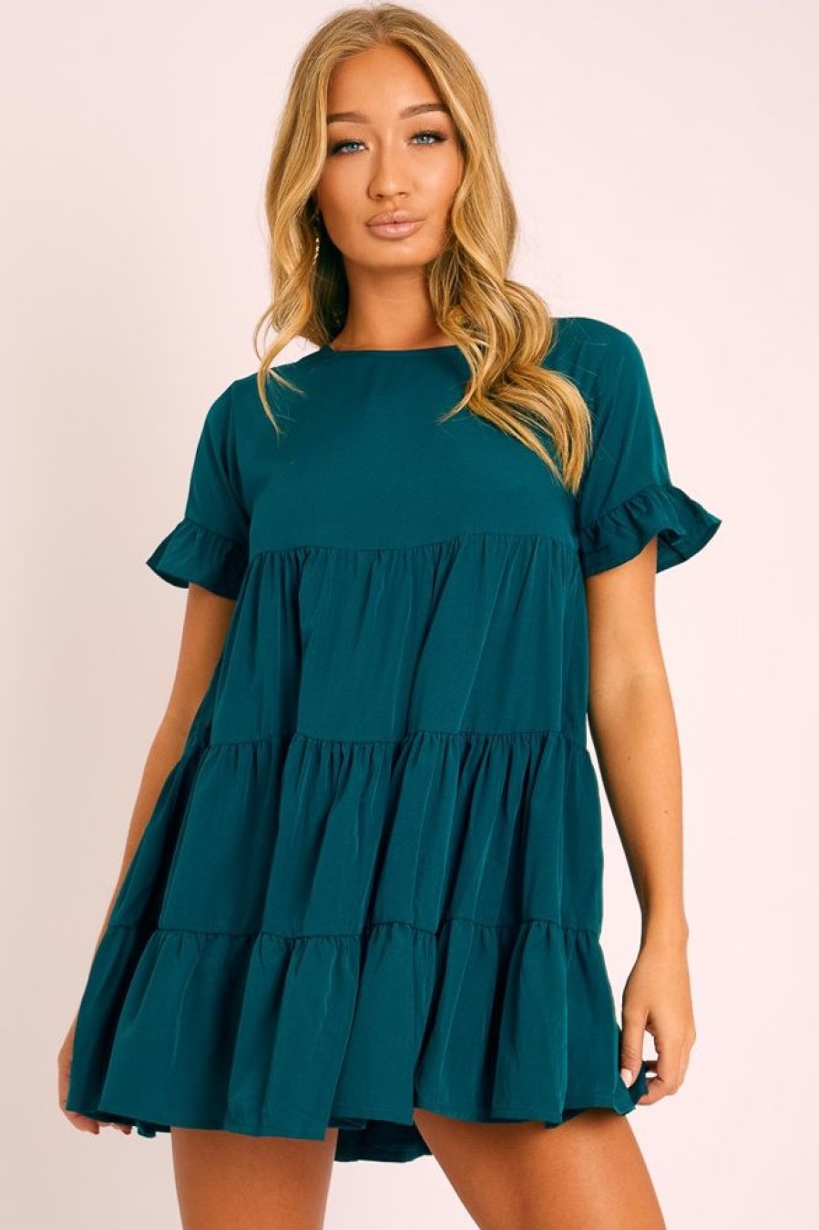 Clothing Rebellious Fashion | Emerald Green Smock Tiered Frill Sleeve Mini Dress - Olah