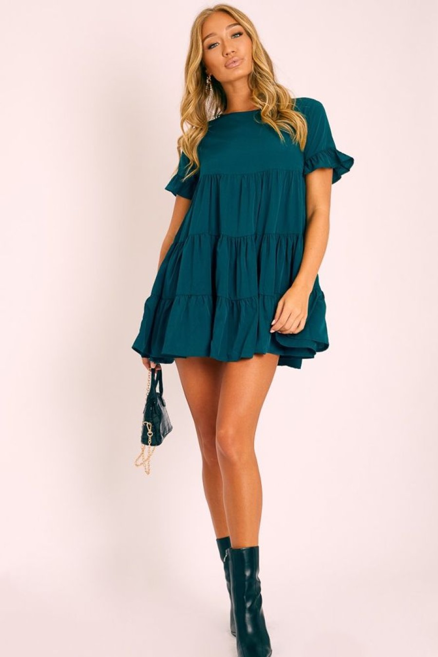 Clothing Rebellious Fashion | Emerald Green Smock Tiered Frill Sleeve Mini Dress - Olah