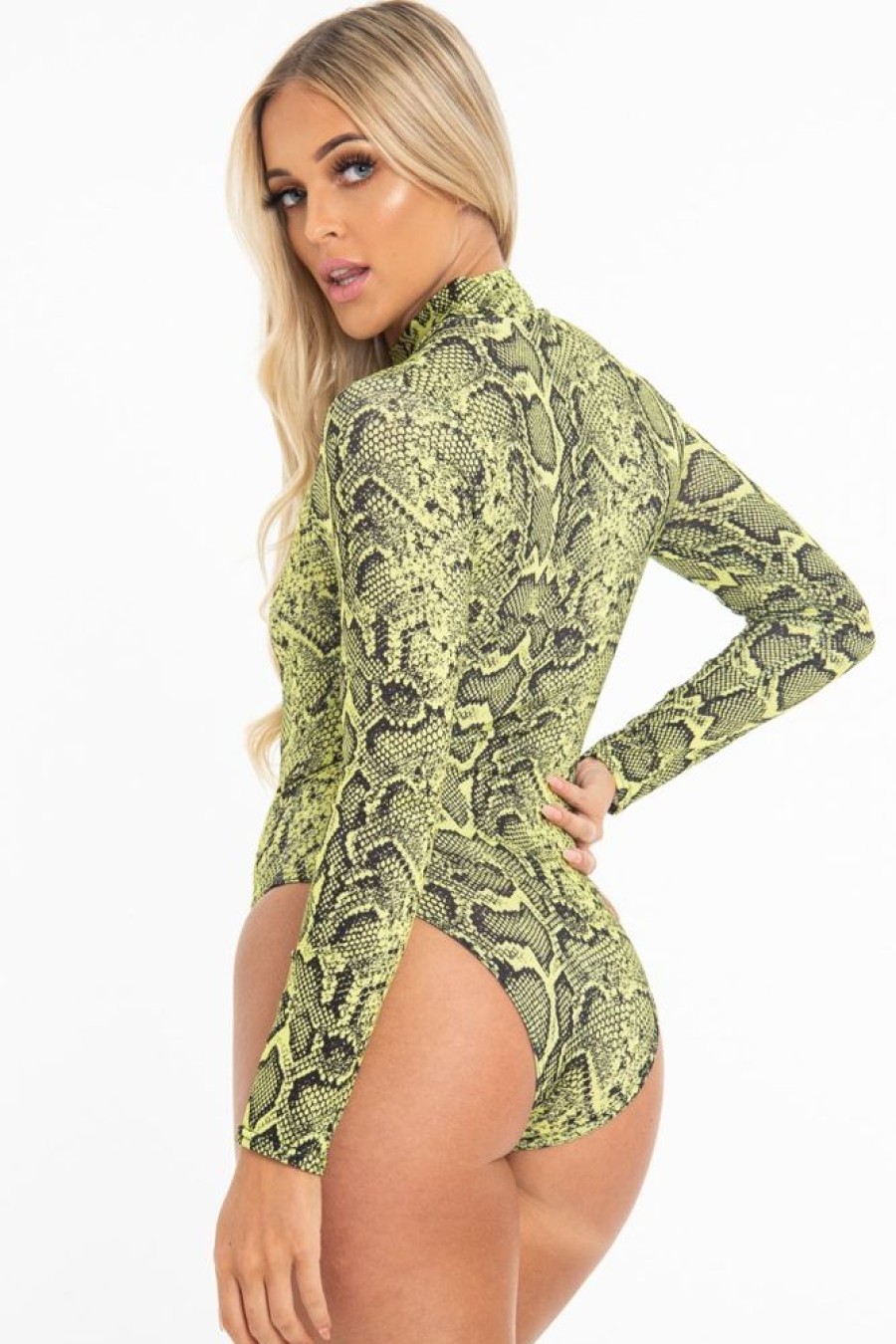 Clothing Rebellious Fashion | Lime Snake Print High Neck Long Sleeve Bodysuit - Evanna