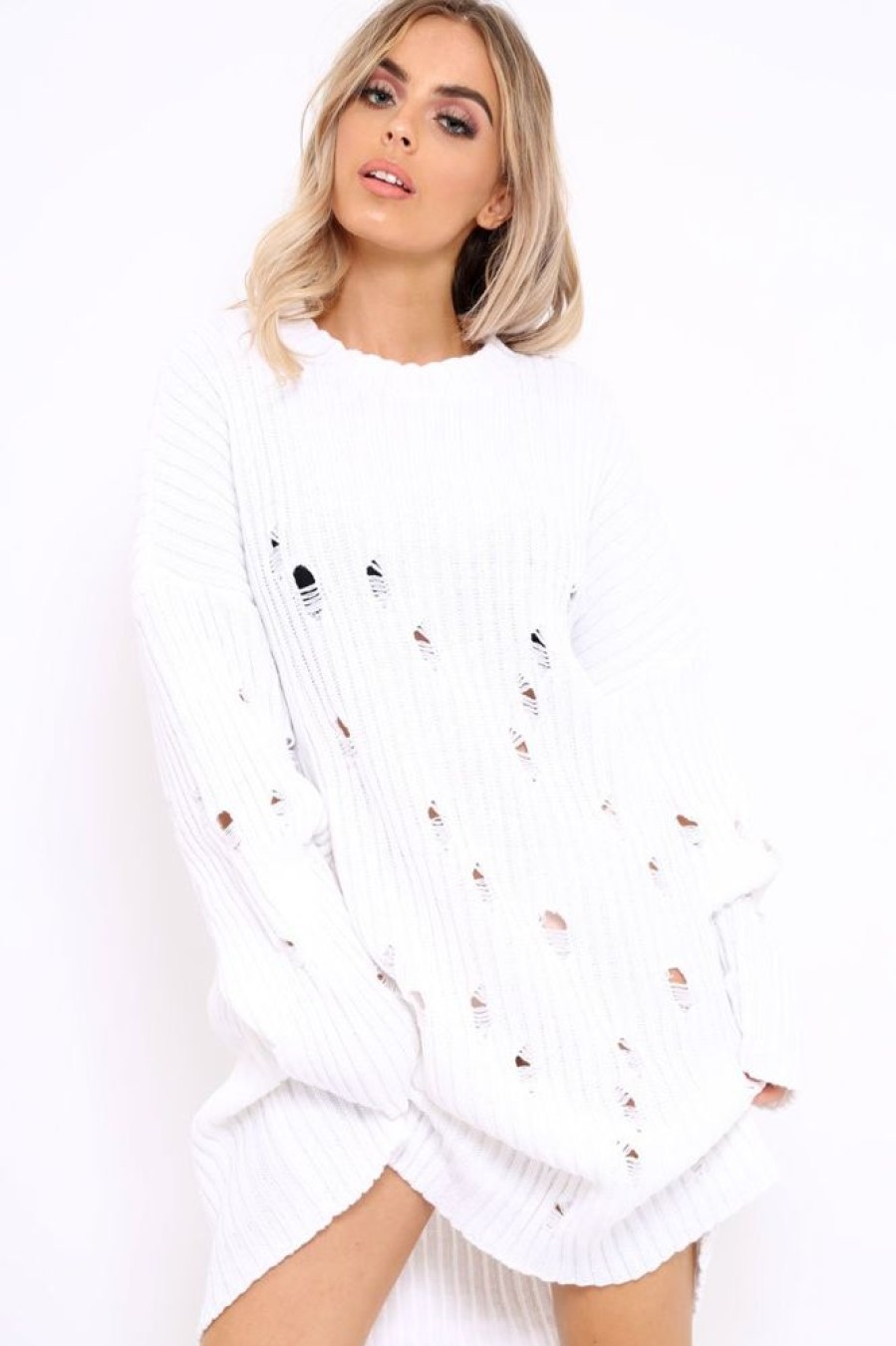 Clothing Rebellious Fashion | White Distressed Cable Knit Jumper Dress - Abea