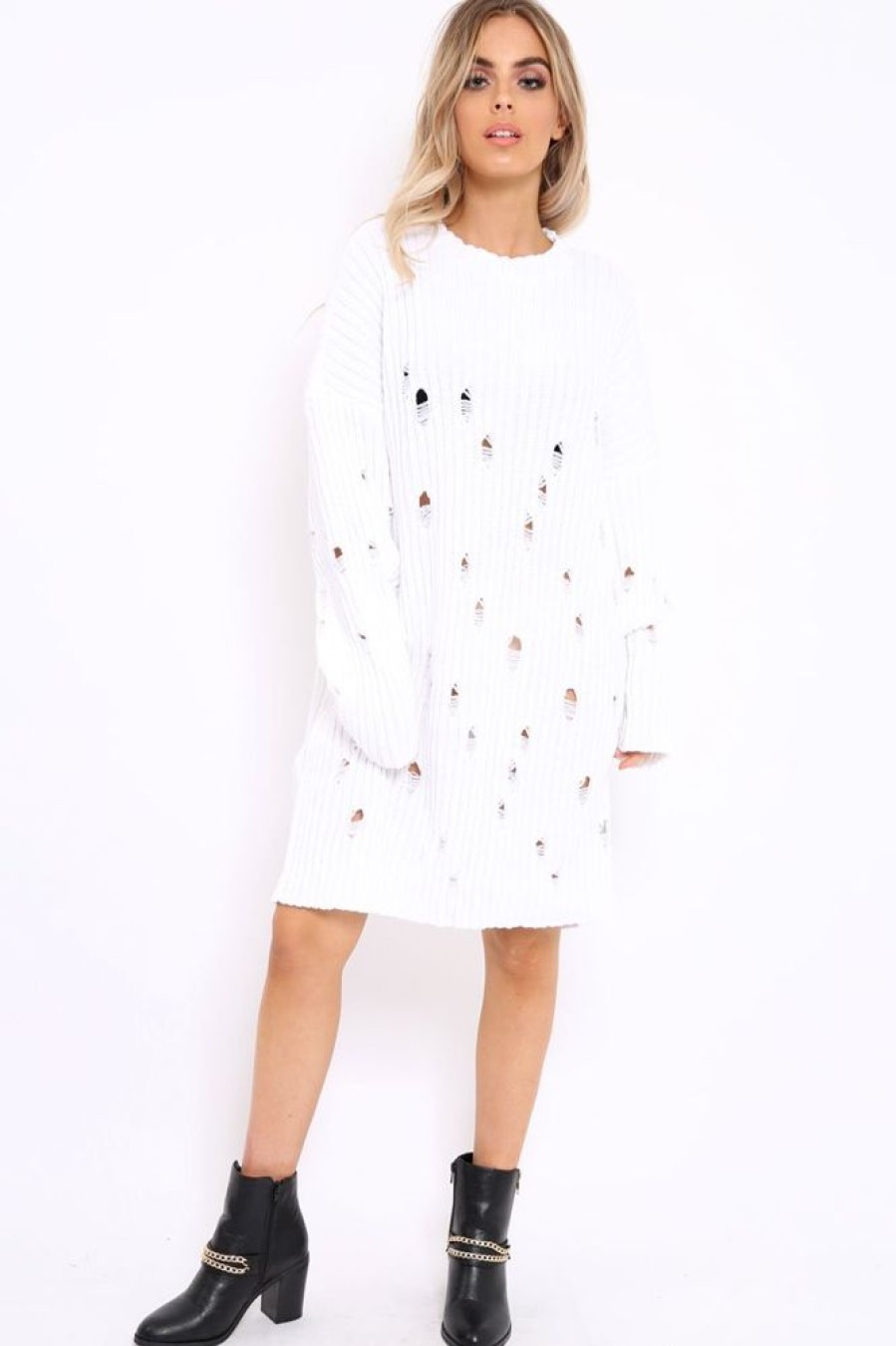 Clothing Rebellious Fashion | White Distressed Cable Knit Jumper Dress - Abea