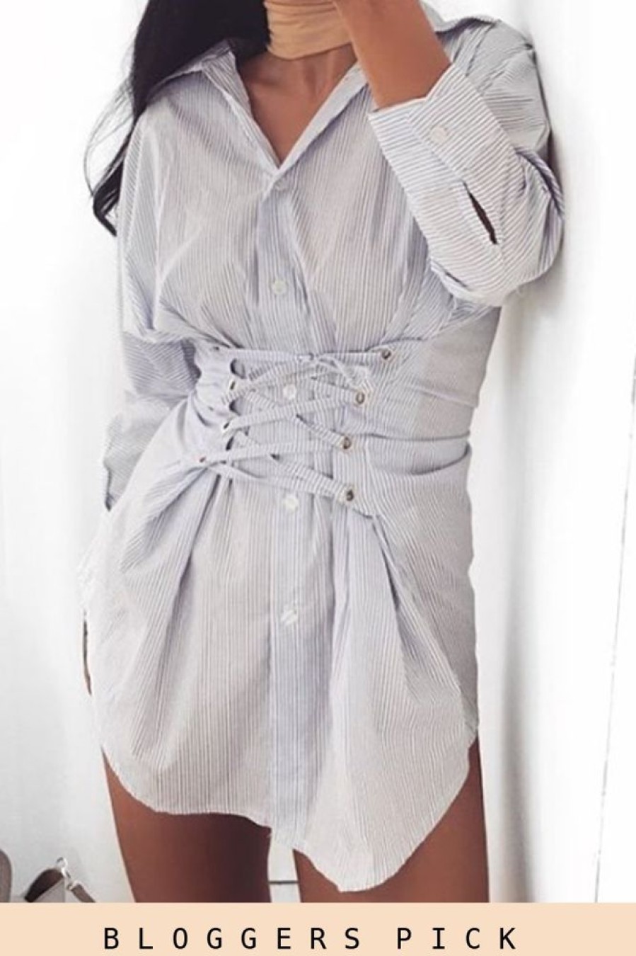 Clothing Rebellious Fashion | Blue Stripe Lace Up Shirt Dress - Sian