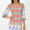 Clothing Rebellious Fashion | Orange Paisley Print Bardot Frill Trim Dress - Tanya