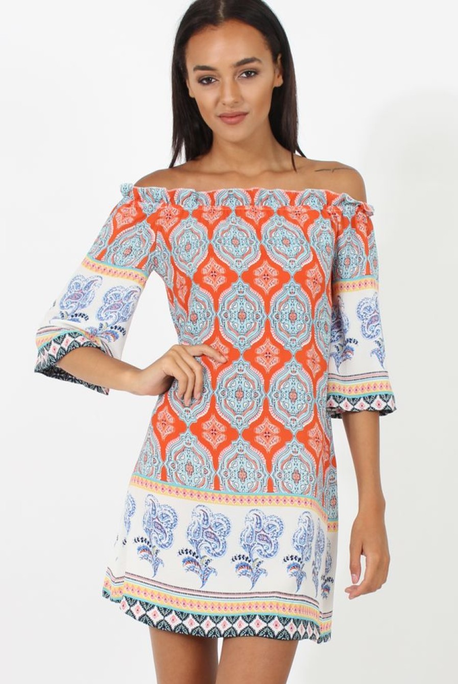 Clothing Rebellious Fashion | Orange Paisley Print Bardot Frill Trim Dress - Tanya