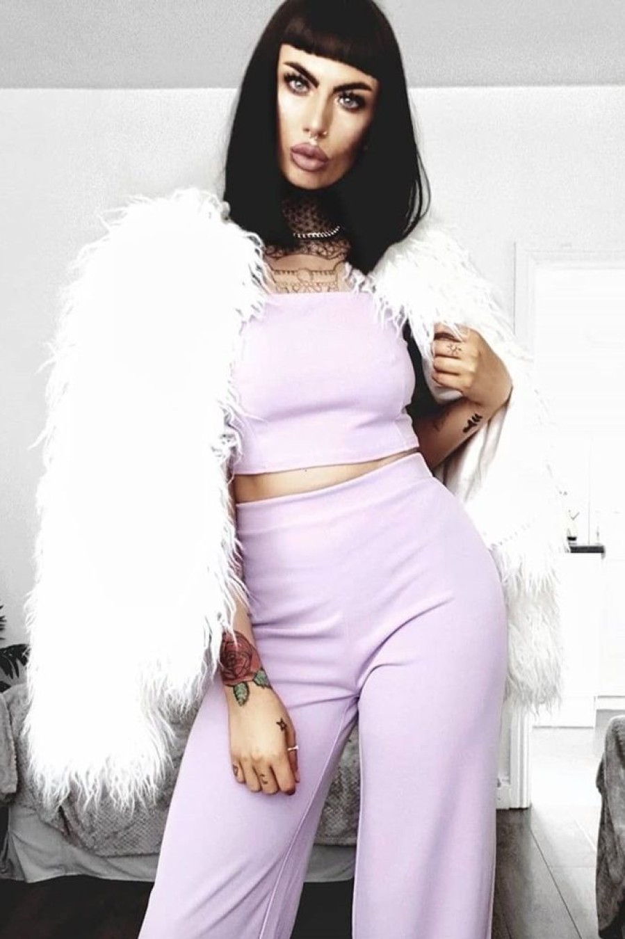 Clothing Rebellious Fashion | Lilac Crop Top And Trousers Co-Ord Set - Kimmy