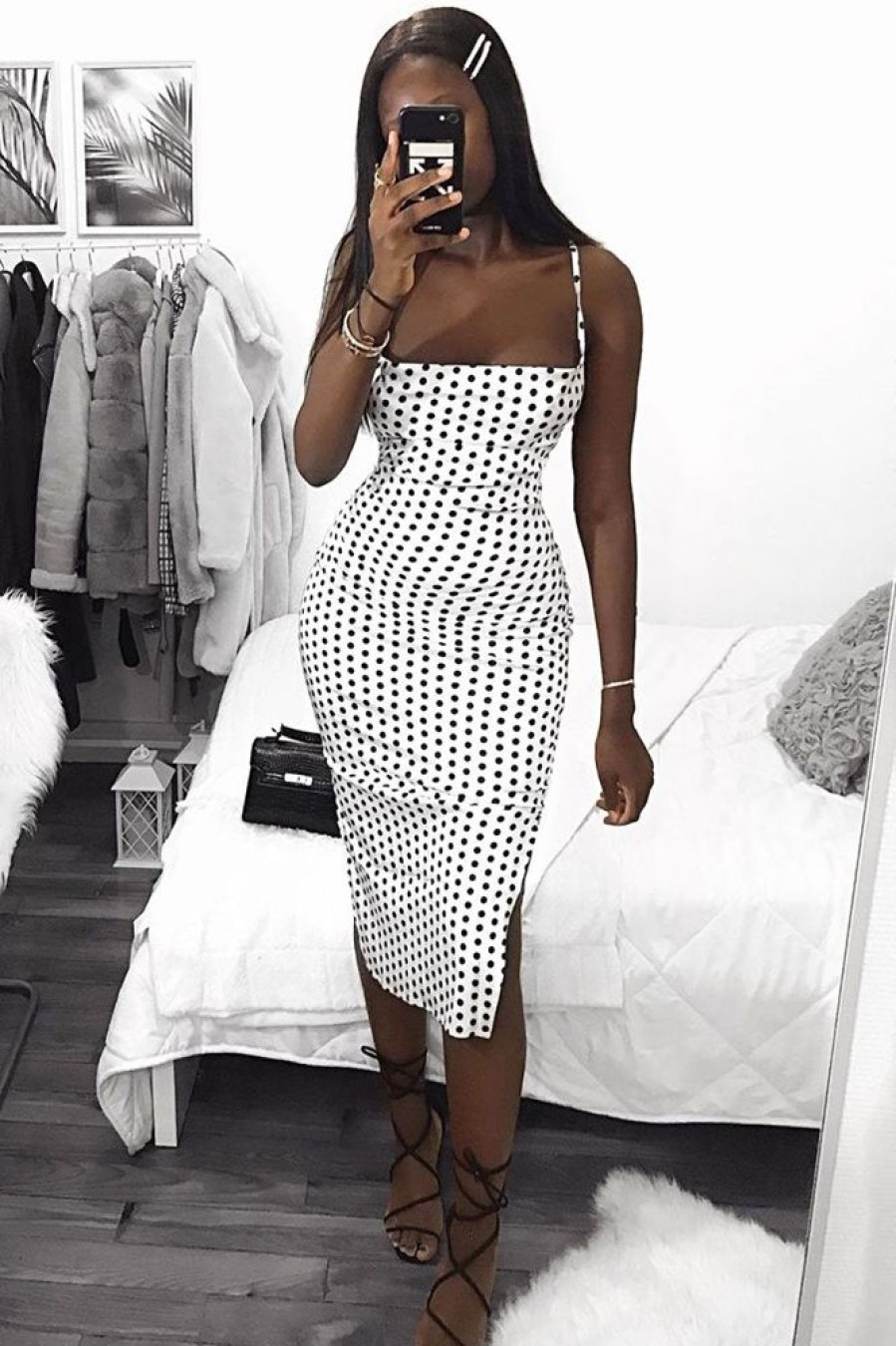 Clothing Rebellious Fashion | White Polka Cowl Neck Lace Back Midi Dress - Gracia