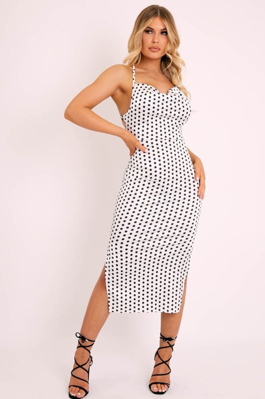 Clothing Rebellious Fashion | White Polka Cowl Neck Lace Back Midi Dress - Gracia