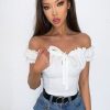 Clothing Rebellious Fashion | White Crepe Ruffle Tie Front Bardot Bodysuit - Trixie