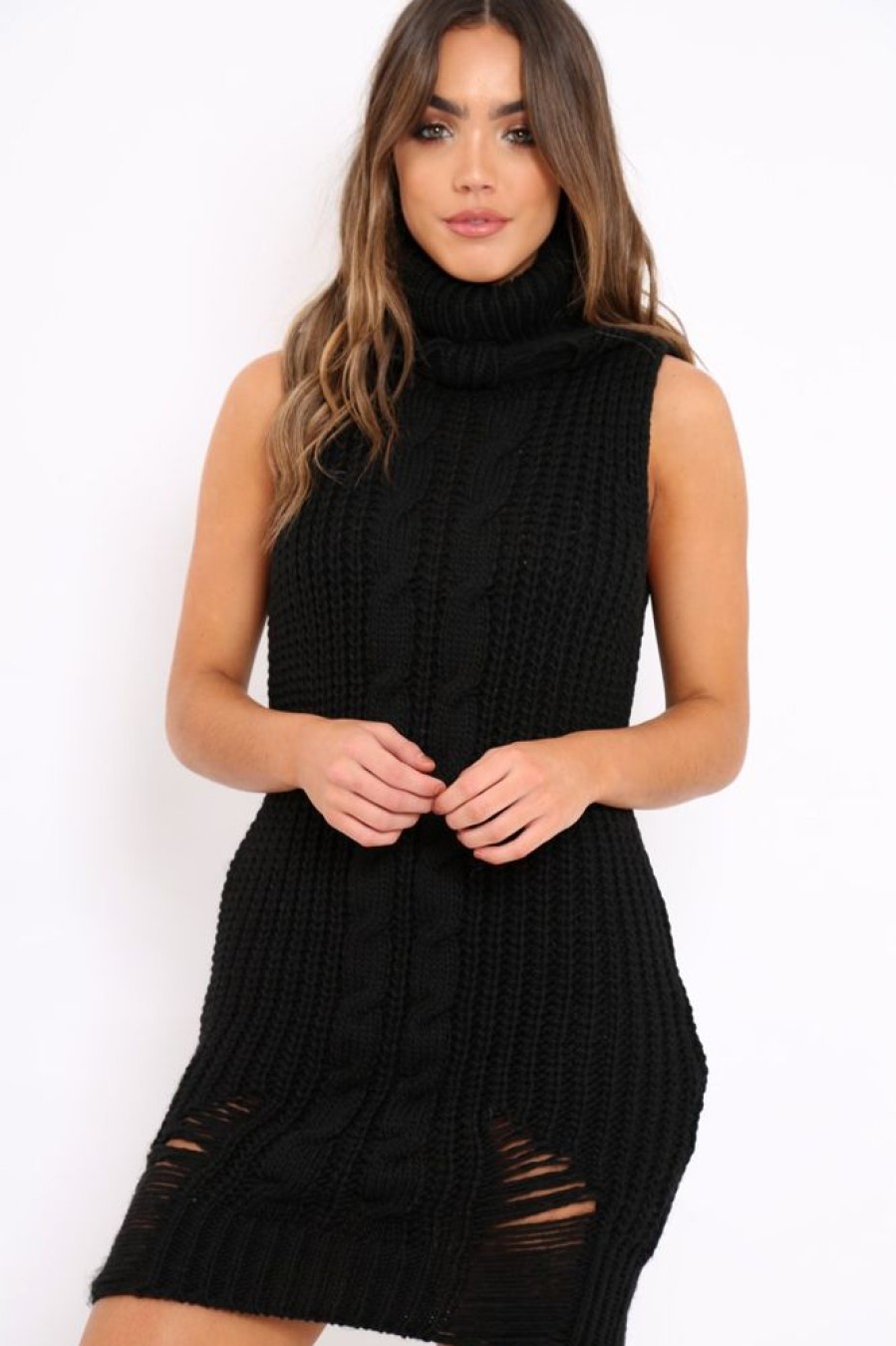 Clothing Rebellious Fashion | Black Distressed Turtleneck Jumper Dress - Jenni