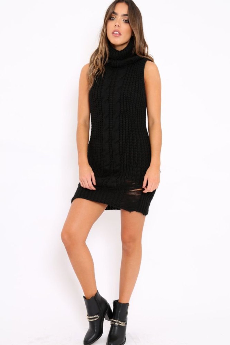 Clothing Rebellious Fashion | Black Distressed Turtleneck Jumper Dress - Jenni